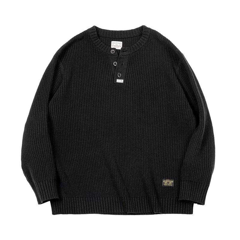 Caelum Men’s Ribbed Henley Knit Jumper – Button Neck Black Textured Pullover