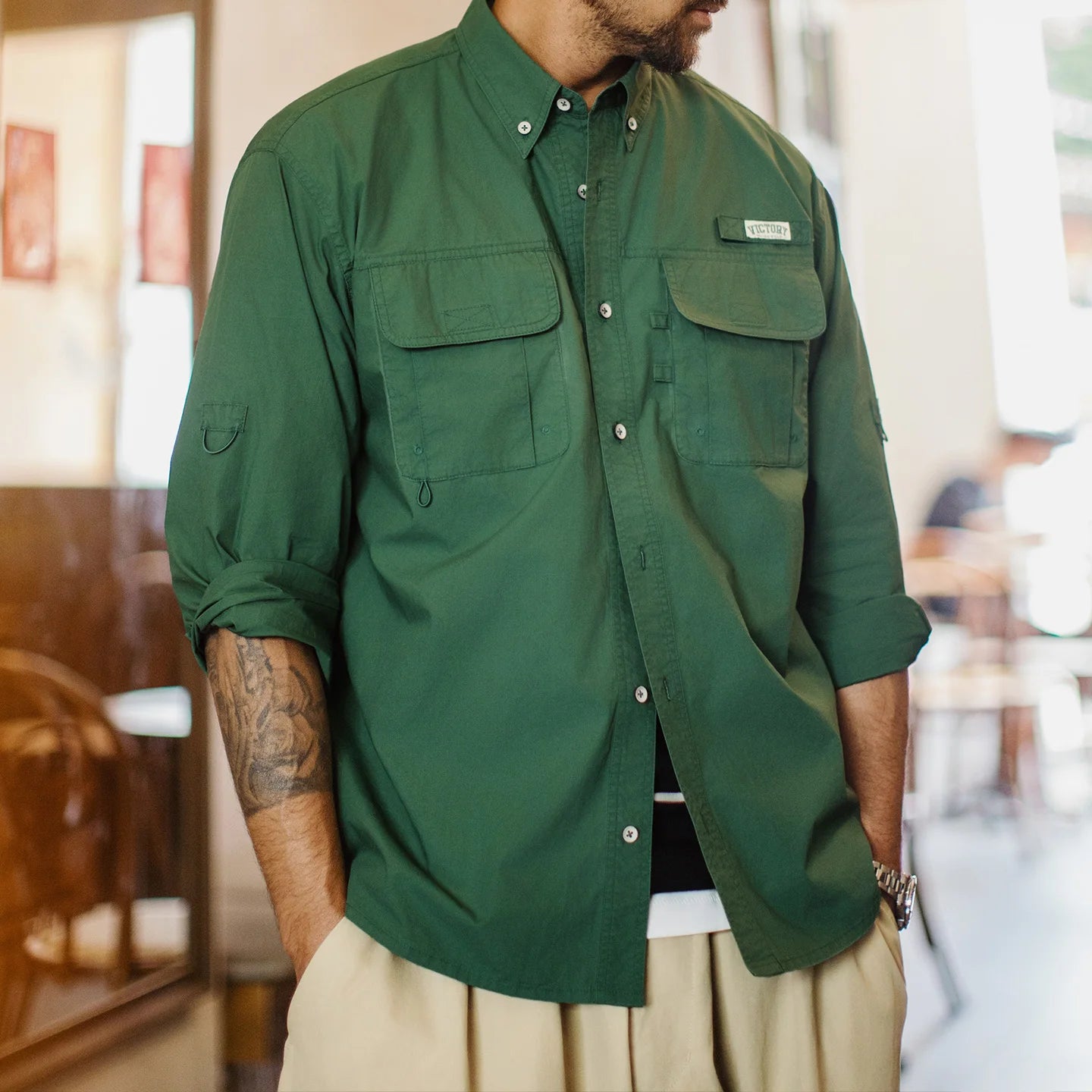 Brentwell Men’s Green Cotton Overshirt – Long Sleeve Single-Breasted Loose Fit Utility Shirt Jacket