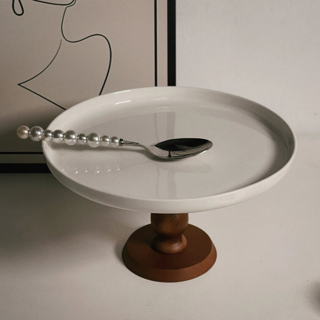 Tavola Ceramic Cake Stand with Wooden Base