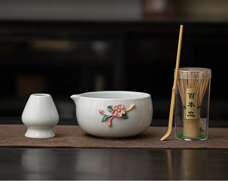 Blossom & Flecked Glaze Matcha Whisk Gift Set – Japanese Matcha Tea Set with Bamboo Whisk, Bowl & Accessories
