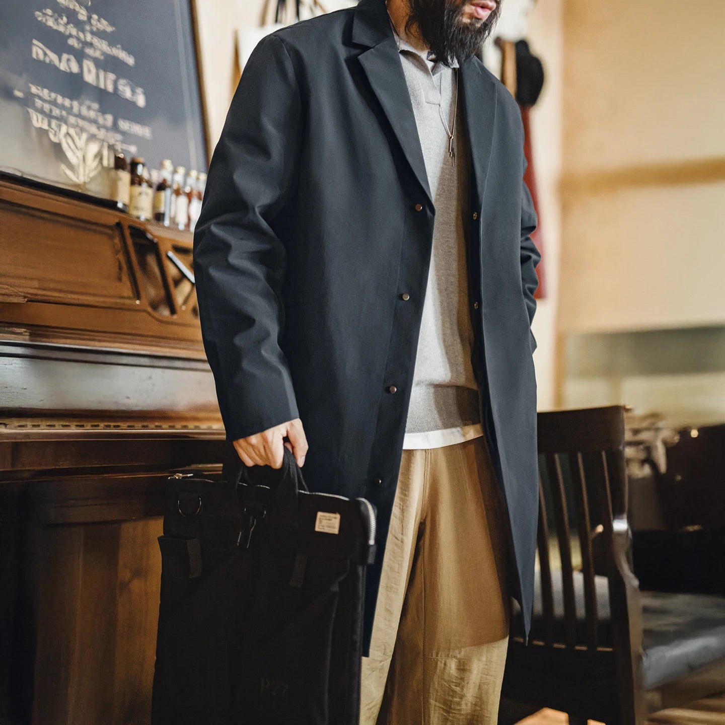 Arleston Single-Breasted Overcoat – Men’s Long Navy Jacket with Lapel Collar & Pockets