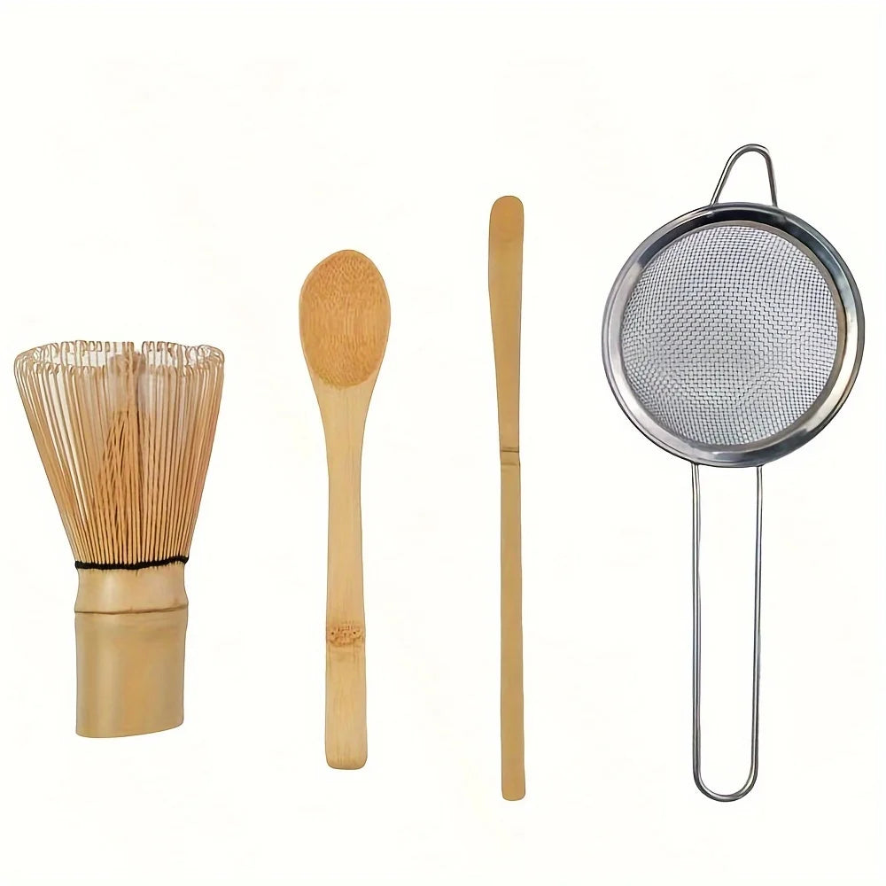 Bamboo Matcha Whisk & Tea Tool Set – 4 & 5-Piece Japanese Matcha Kit with Scoop, Strainer & Whisk Holder