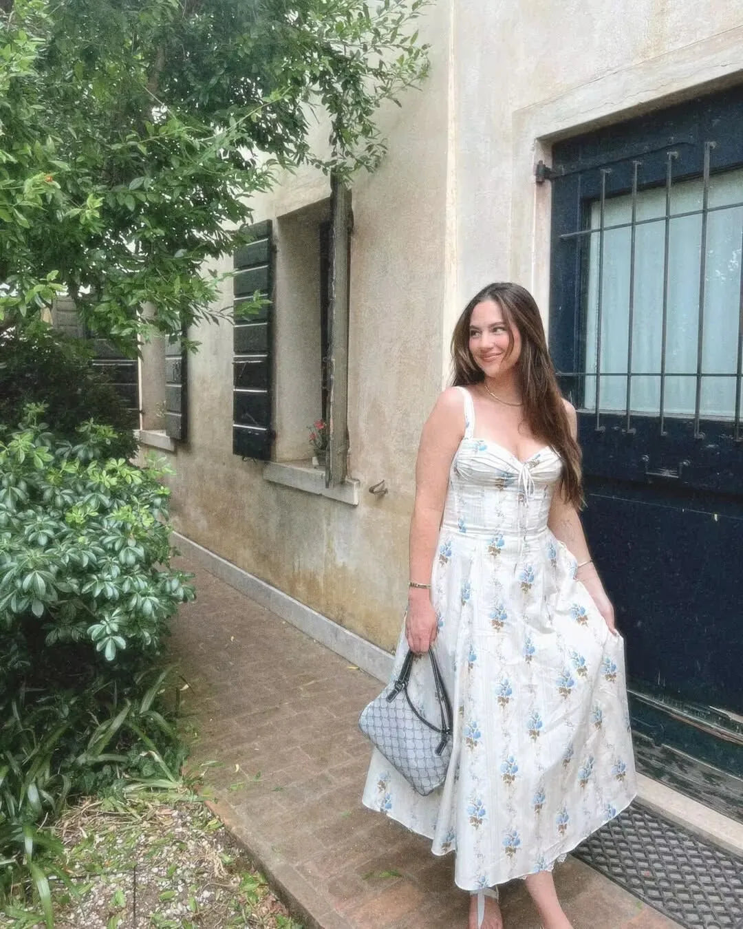 Florielle Floral A-Line Midi Dress with Wide Straps – Corset Style Summer Dress, Holiday Dress & Wedding Guest Outfit