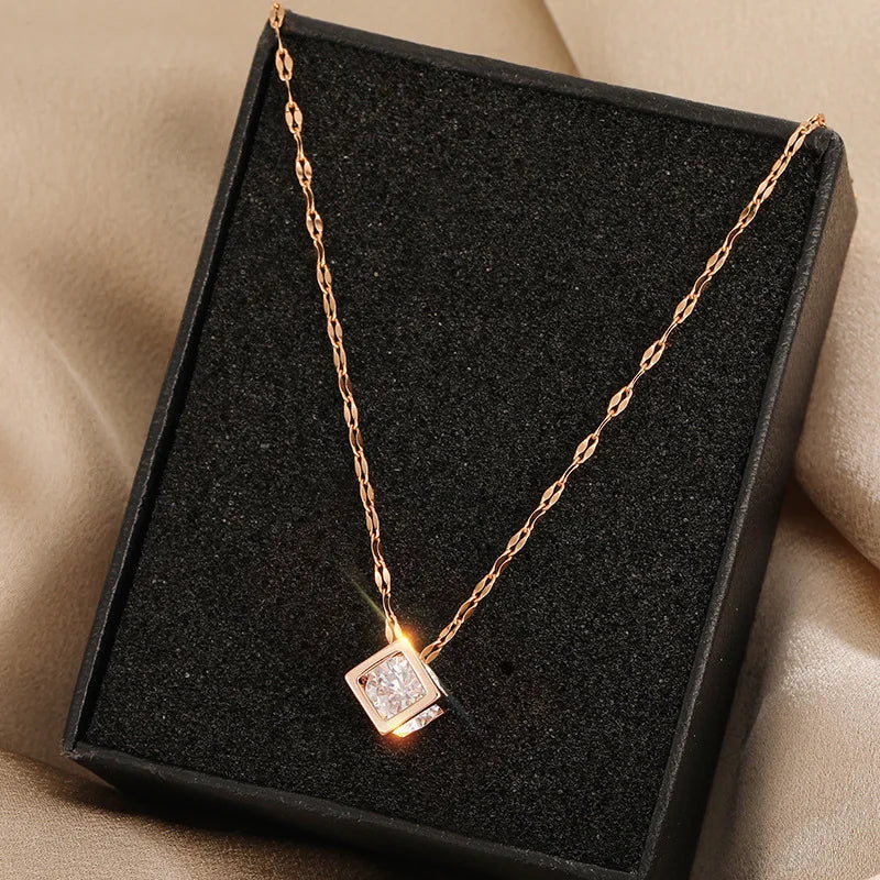 Gold Cube Pendant Necklace