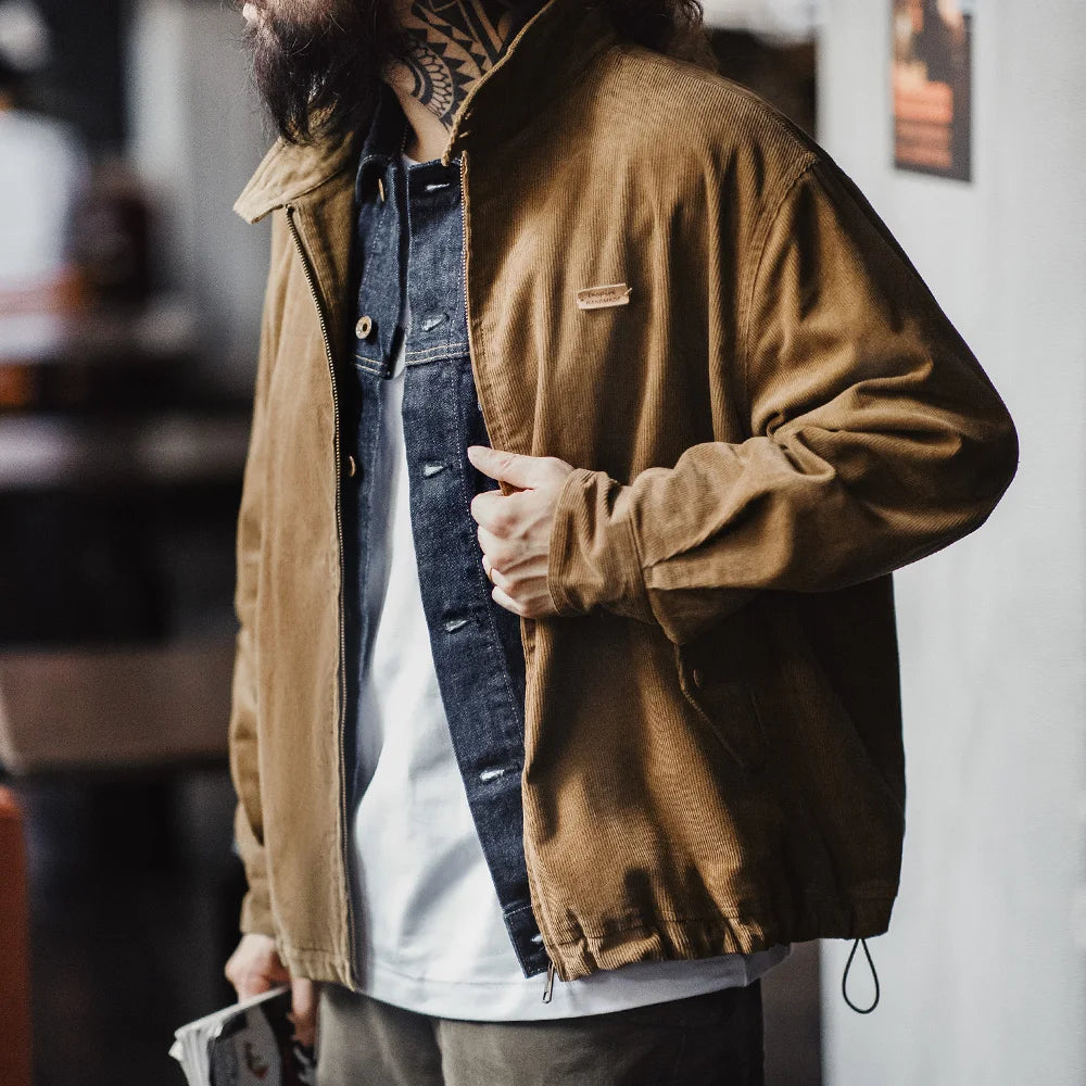 Harron Men’s Corduroy Jacket – Brown Zip Through Casual Jacket with Stand Collar and Pocket Detail