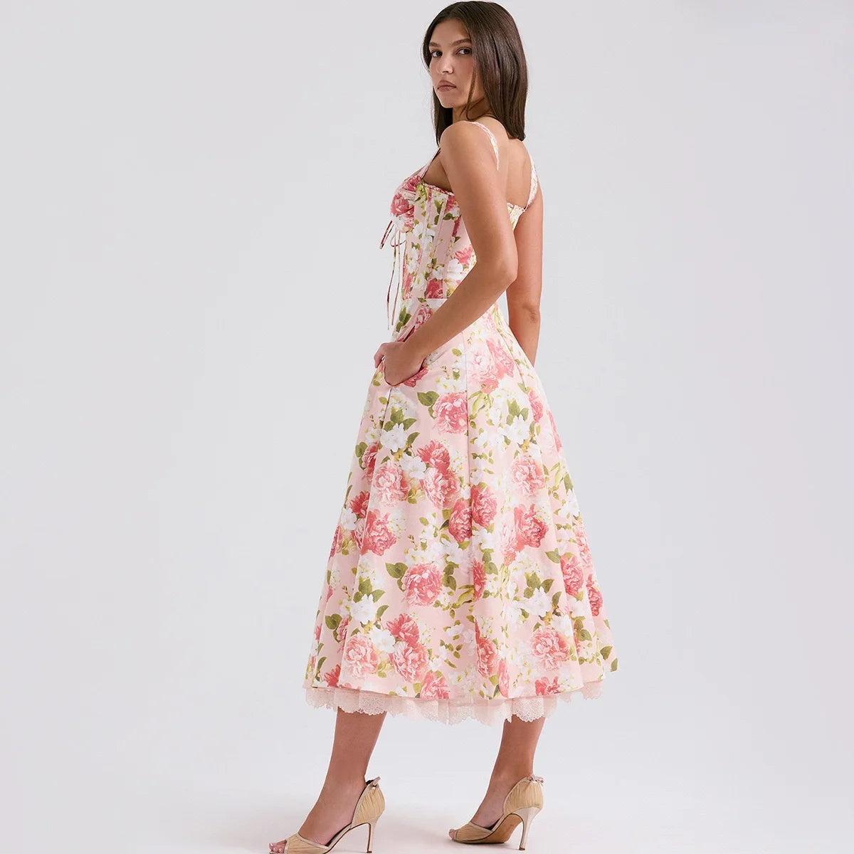 Roselisse Rose Print Corset Midi Dress with Wide Straps – Floral A-Line Summer Dress, Wedding Guest & Occasion Dress