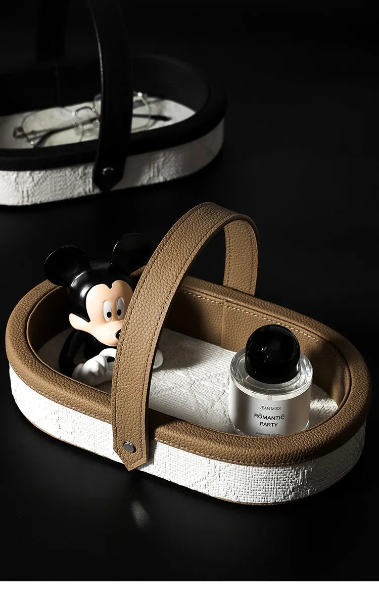 Luxury Leather Storage Basket with Handle – Oval Organiser Tray for Keys, Jewellery & Desk Accessories