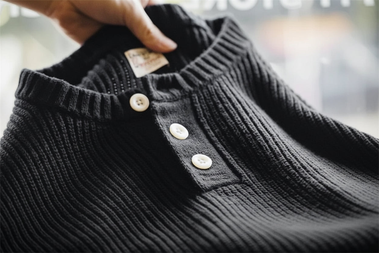 Caelum Men’s Ribbed Henley Knit Jumper – Button Neck Black Textured Pullover