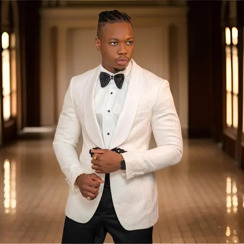 Carrington Men’s White Jacquard Shawl Lapel Blazer – Slim Fit Formal Evening Dinner Jacket Wedding Tuxedo
