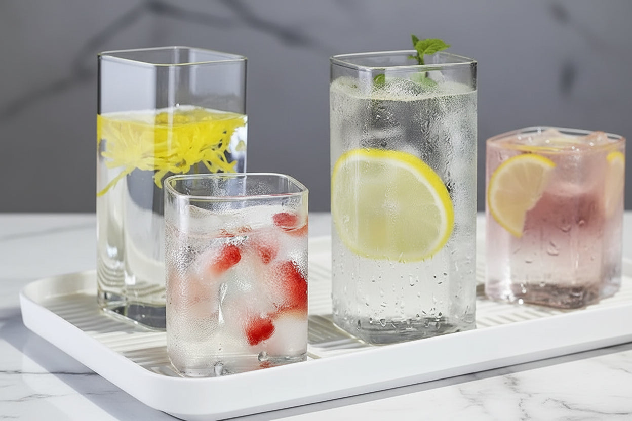 Square Glass Tumblers – Clear Drinking Glass Set