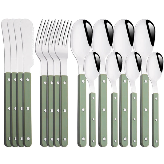 Green/ White Handle Stainless Steel Cutlery Set – 16-Piece Flatware with Forks, Knives & Spoons for Everyday Dining