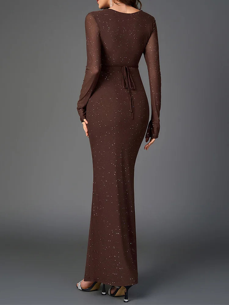 Vireya Long Sleeve Glitter Maxi Dress – Deep V Neck Bodycon Evening Dress, Elegant Party & Occasion Dress