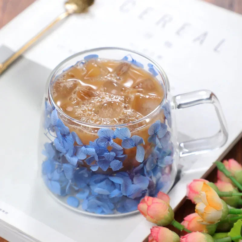 Bloom Infusion Double Wall Glass Mug – Clear Floral Tea & Coffee Cup with Floating Pink, Purple, Blue Flower Design