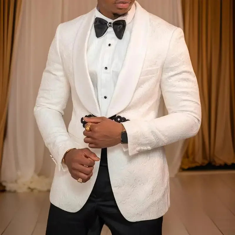 Carrington Men’s White Jacquard Shawl Lapel Blazer – Slim Fit Formal Evening Dinner Jacket Wedding Tuxedo