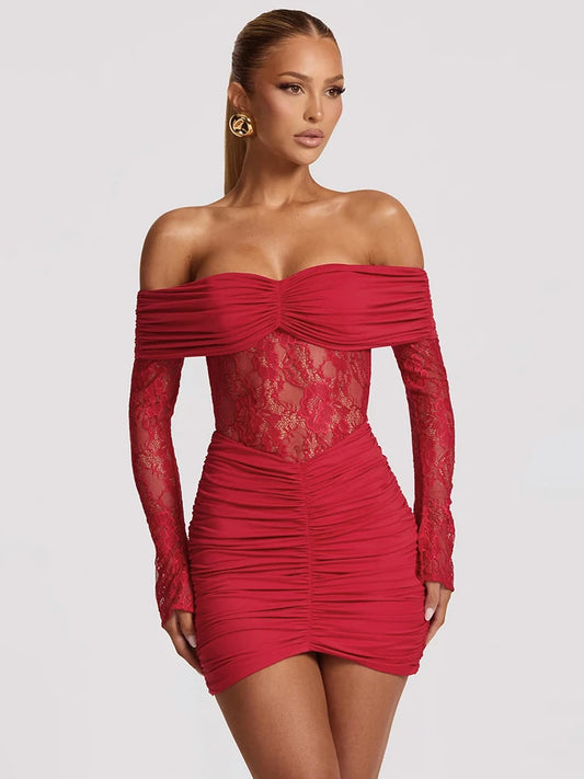 Serelisse Off-Shoulder Lace Mini Dress – Ruched Long-Sleeve Party & Clubwear Evening Outfit