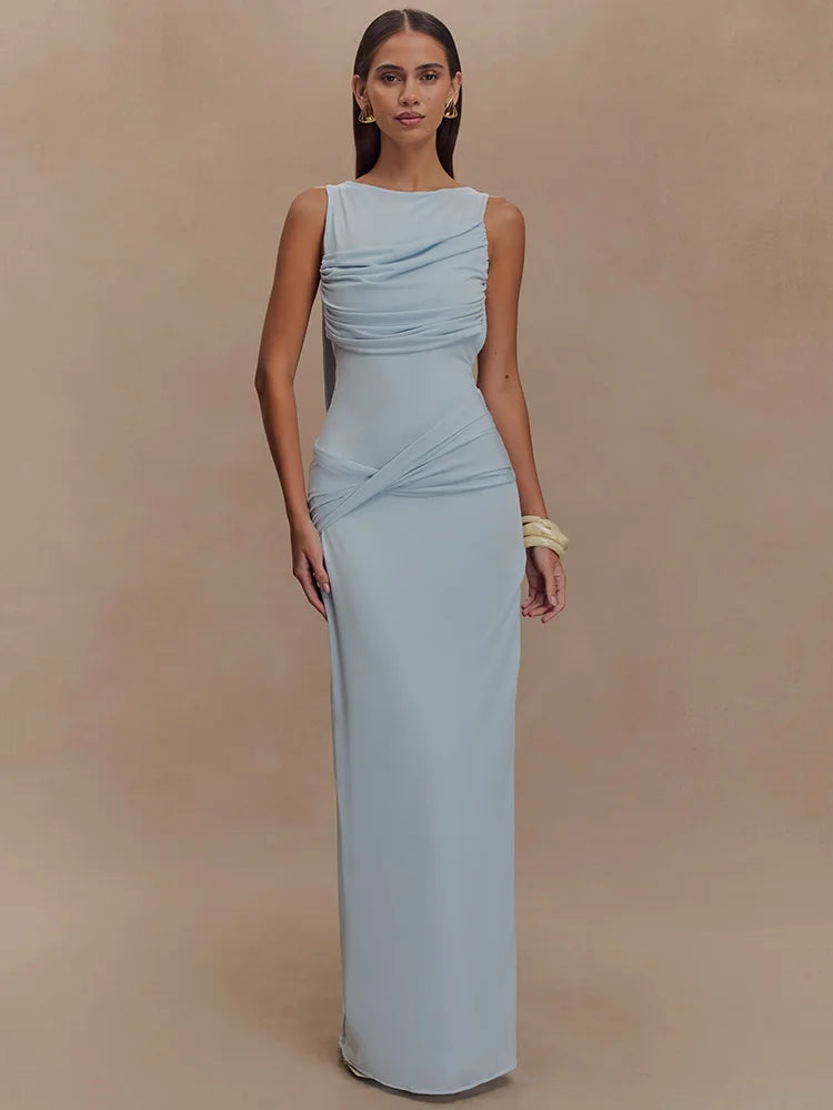 Delara Ivory Ruched Maxi Dress – Elegant Sleeveless High Slit Evening Gown for Summer Events-  Ivory, Black, Blue