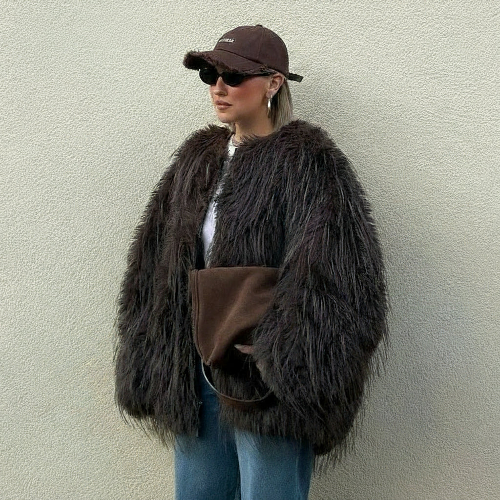 Maevra Oversized Mongolian-Style Faux Fur Jacket – Mocha Fluffy Faux Fur Coat for Women