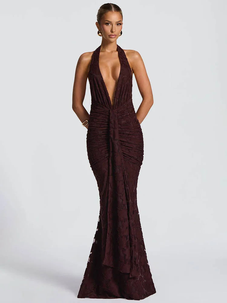 Selencia Halter Neck Plunge Maxi Dress – Backless Ruched Fit-and-Flare Evening Gown for Elegant Occasions, Parties & Wedding Guest Outfits