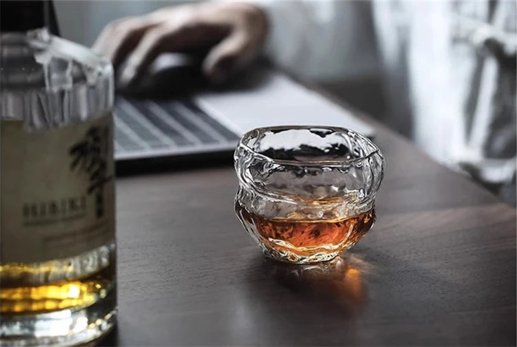 Hikari Sculpted Whisky Glass – Japanese Hand-Blown Irregular Crystal Tumbler with Wooden Gift Box | Single or 2-Piece Set