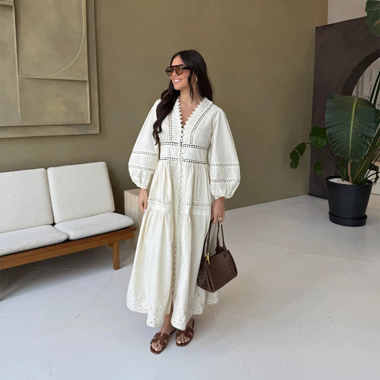 Marisol Long Sleeve Embroidered Maxi Dress – Elegant V-Neck Boho Day Dress in White, Mocha & Black