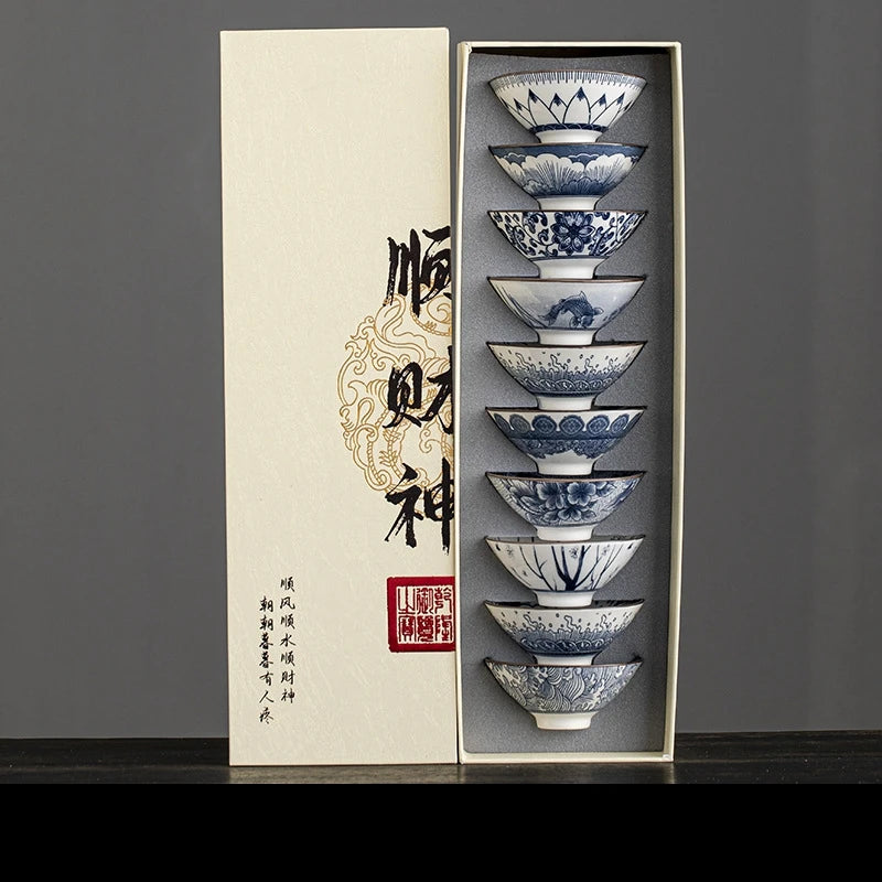 Renshiro Ceramic Tea Bowl Gift Set – 10 Piece Blue and White Tea Cups Set with Gift Box for Tea Serving and Tableware
