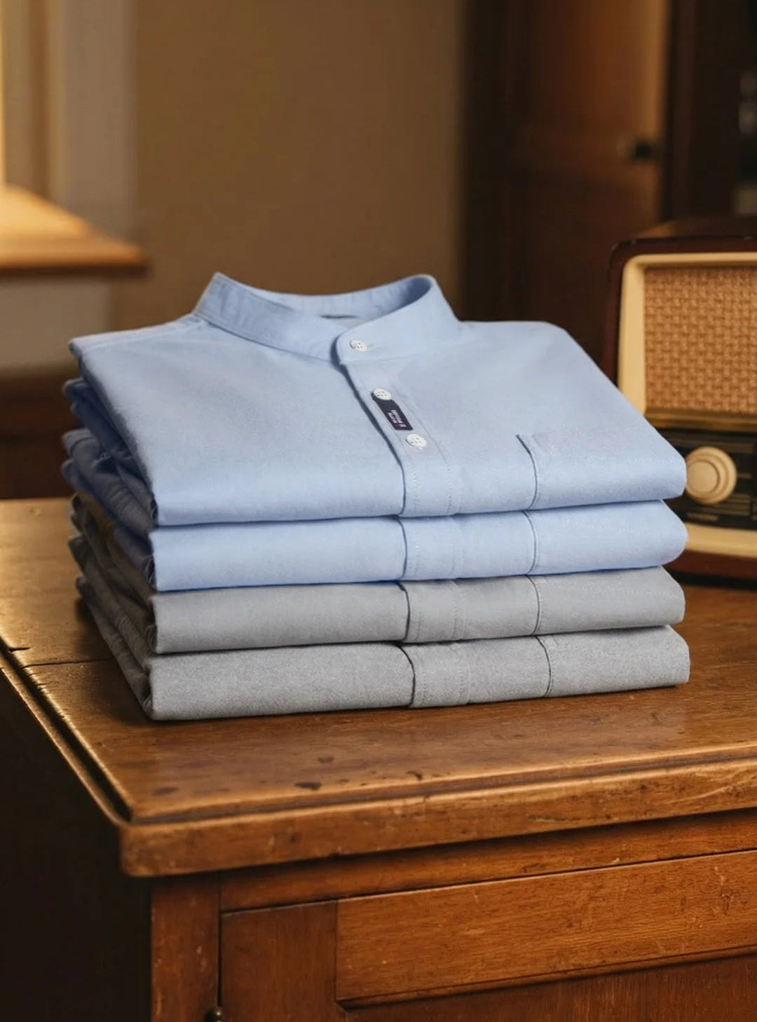 Bexley Men’s Oxford Grandad Collar Shirt – Long Sleeve Button-Up Cotton Casual Smart Shirt with Chest Pocket