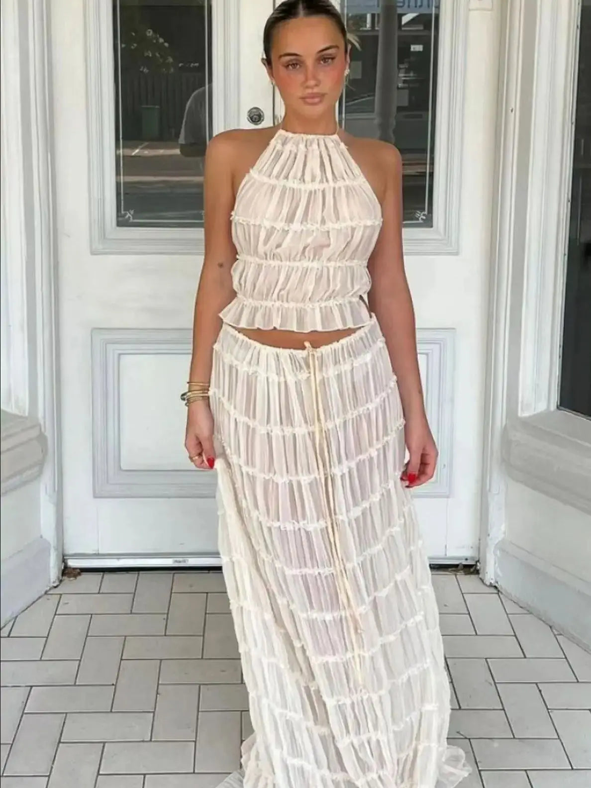 Averra Ruched Backless Co-Ord Set – Cream Halter Top and Maxi Skirt Two Piece Summer Holiday Outfit