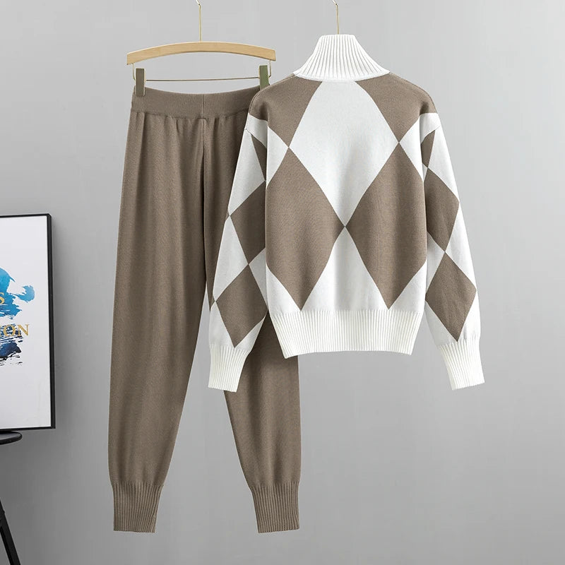 Diamond Pattern Knit Co-ord Set – Cosy Two-Piece Lounge Set for Women