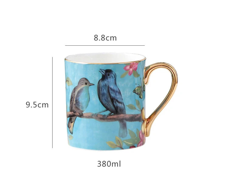 Avirel Bird Print Ceramic Mug – Gold Handle Tea & Coffee Cup
