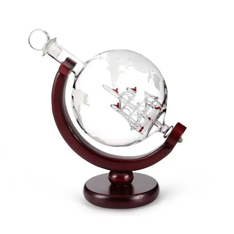 Globe Whiskey Decanter Set with Glasses – Etched Glass World Map Decanter on Wooden Stand