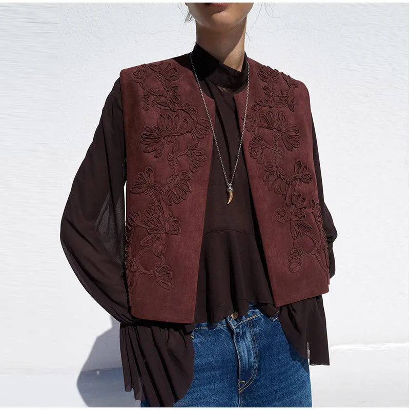 Zafira Embroidered Waistcoat – Sleeveless Boho Layering Piece in Claret or Brown for Casual or Holiday Outfits