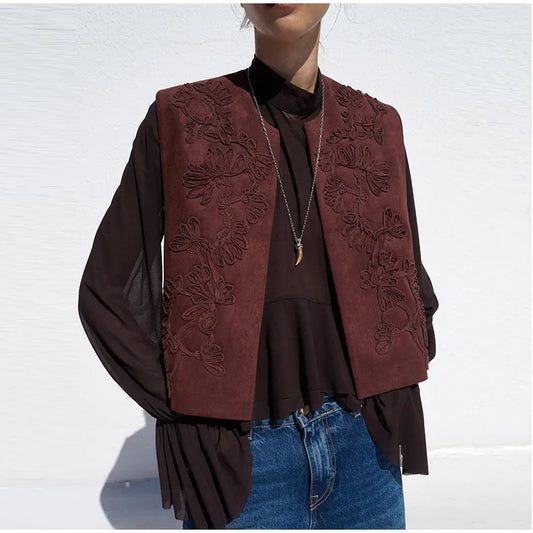 Zafira Embroidered Waistcoat – Sleeveless Boho Layering Piece in Claret or Brown for Casual or Holiday Outfits