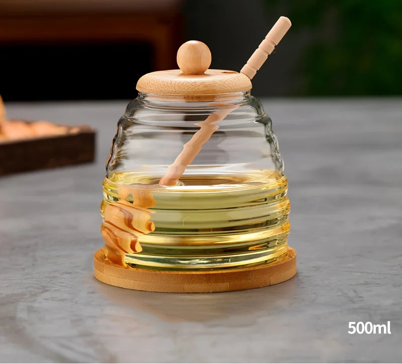 Ravello Glass Honey Jar with Wooden Lid and Dipper – 300ml /400ml/500ml Honey Pot Dispenser with Drizzle Stick for Kitchen Storage and Serving