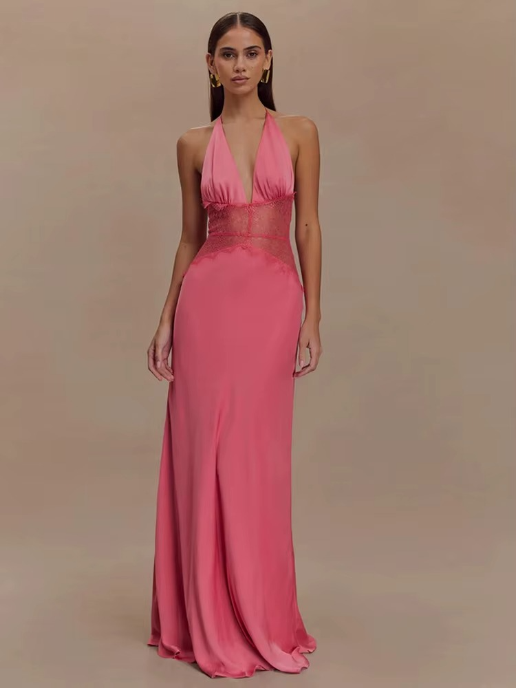 Alvara Halterneck Lace Panel Maxi Dress – Backless Sleeveless Occasion Gown