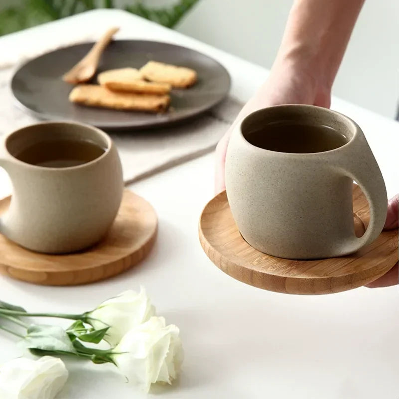 Mareno Ceramic Jug and Cup Set with Wooden Saucers – Rustic Drinkware Serving Set