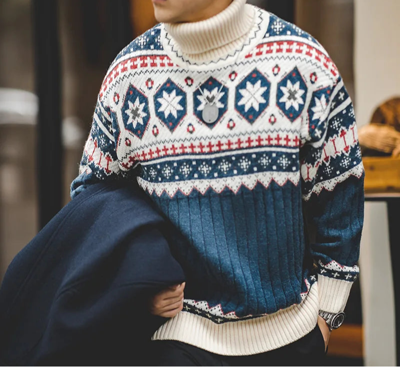 Men's Fair Isle Knit Polo Neck Jumper – Nordic Ribbed Pullover Winter Knitwear for Men
