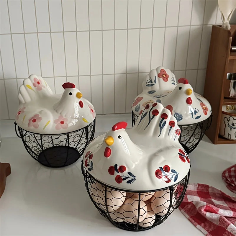 Clovelle Hen Ceramic Egg Holder Basket – Farmhouse Chicken Egg Storage Container with Lid for Kitchen Counter, Fruit and Vegetable Storage