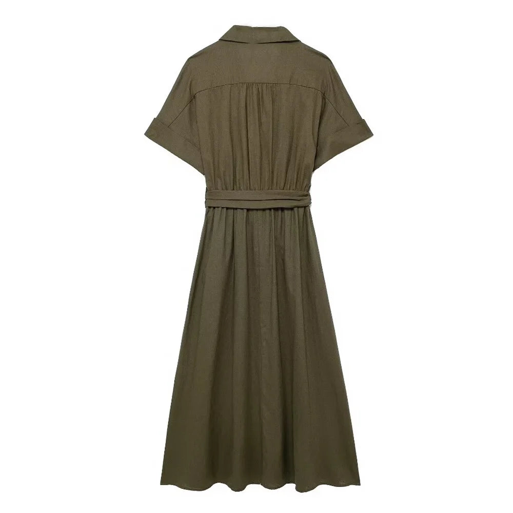 Lunira Belted Shirt Midi Dress – Short Sleeve Summer Shirt Dress in Khaki Green and Soft Beige