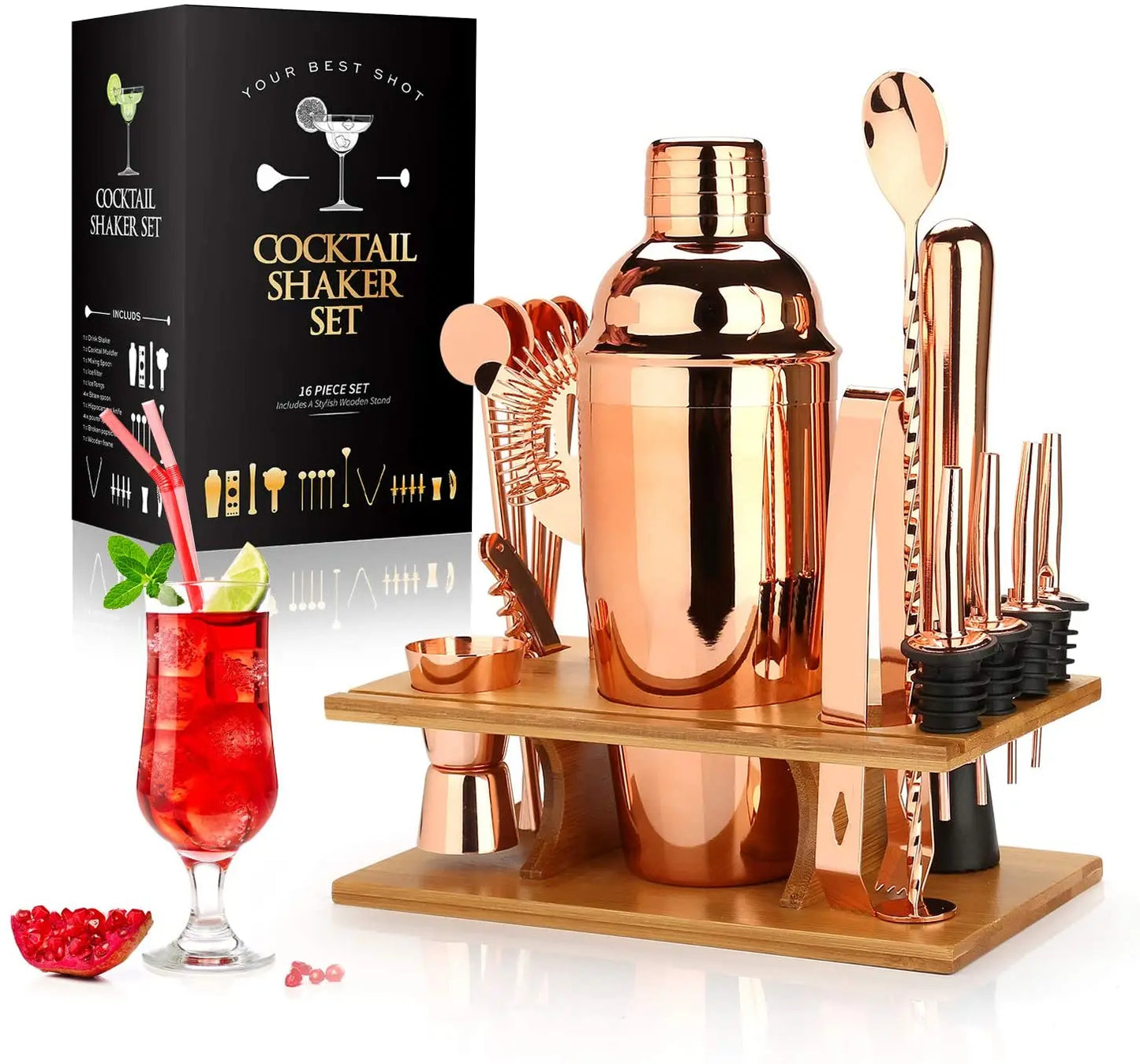 Cocktail Bar Set Mixology Bartender Kit – 16-Piece Cocktail Shaker Set with Bamboo Stand, Stainless Steel Bar Tools for Home Bar
