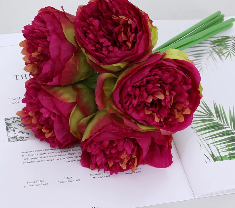 Peonia Bloom Bouquet – Silk Faux Peony Flower Arrangement with 5 Heads for Vase Styling, Wedding Flowers and Home Décor