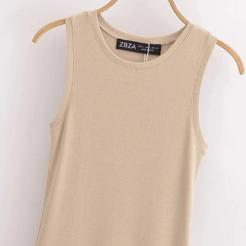 Sanna Sleeveless Cotton Midi Dress – Gathered Waist Casual Summer Dress in Beige & Black