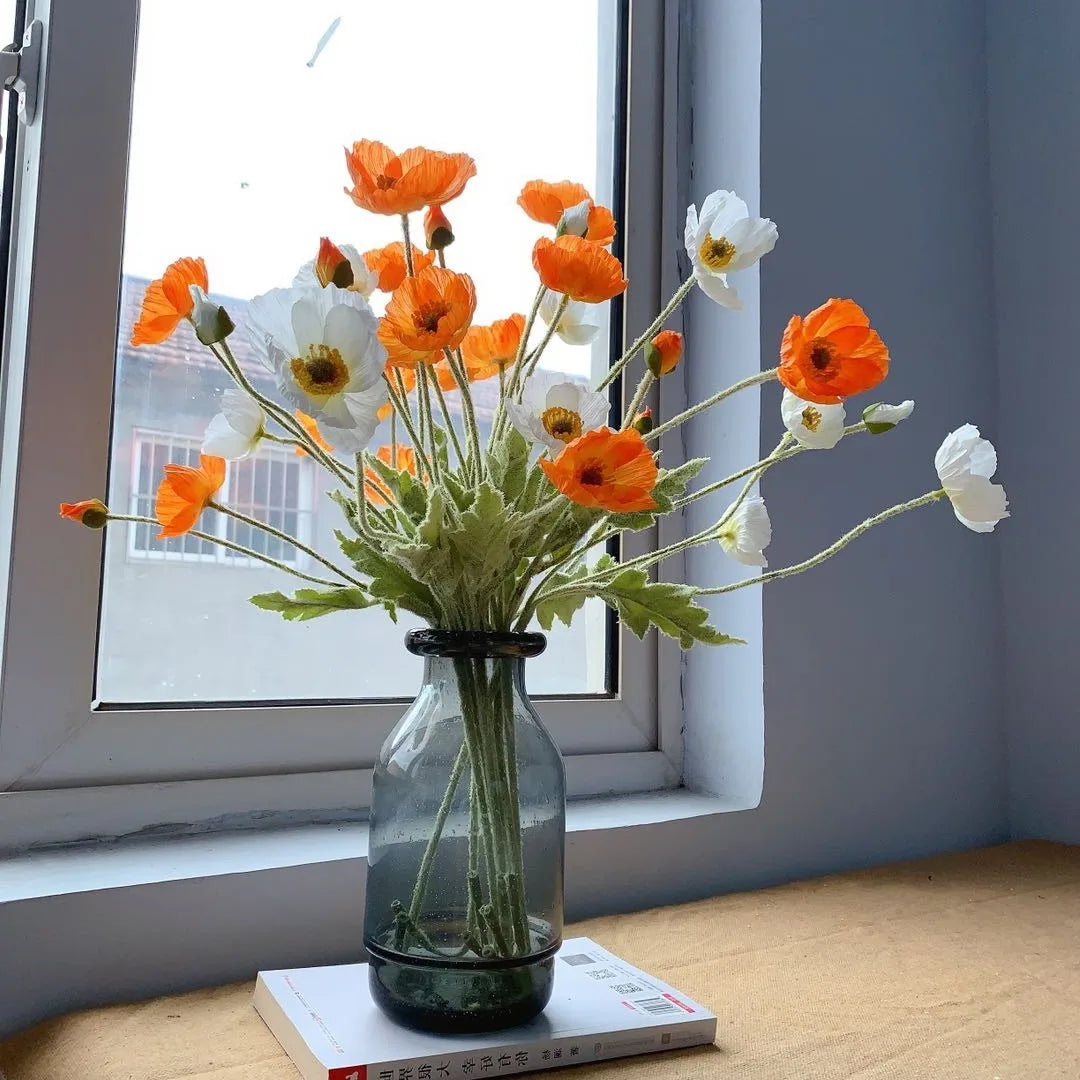 Meadow Poppy Stem Bundle – Silk Poppy Flower Stem with 3 Blooms and 1 Bud for Vase Arrangements and Home Styling