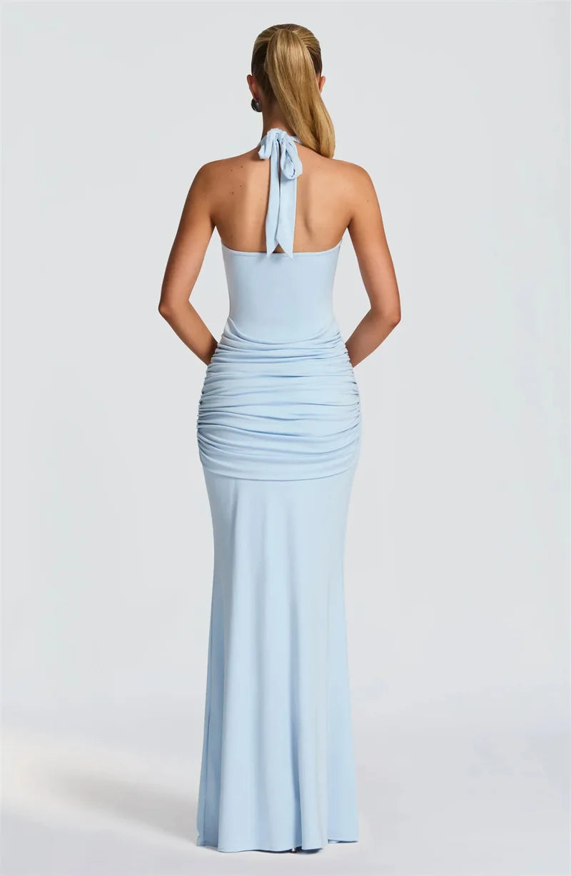 Zavielle Ruched Backless Bodycon Maxi Dress – Evening, Party & Wedding Guest Gown