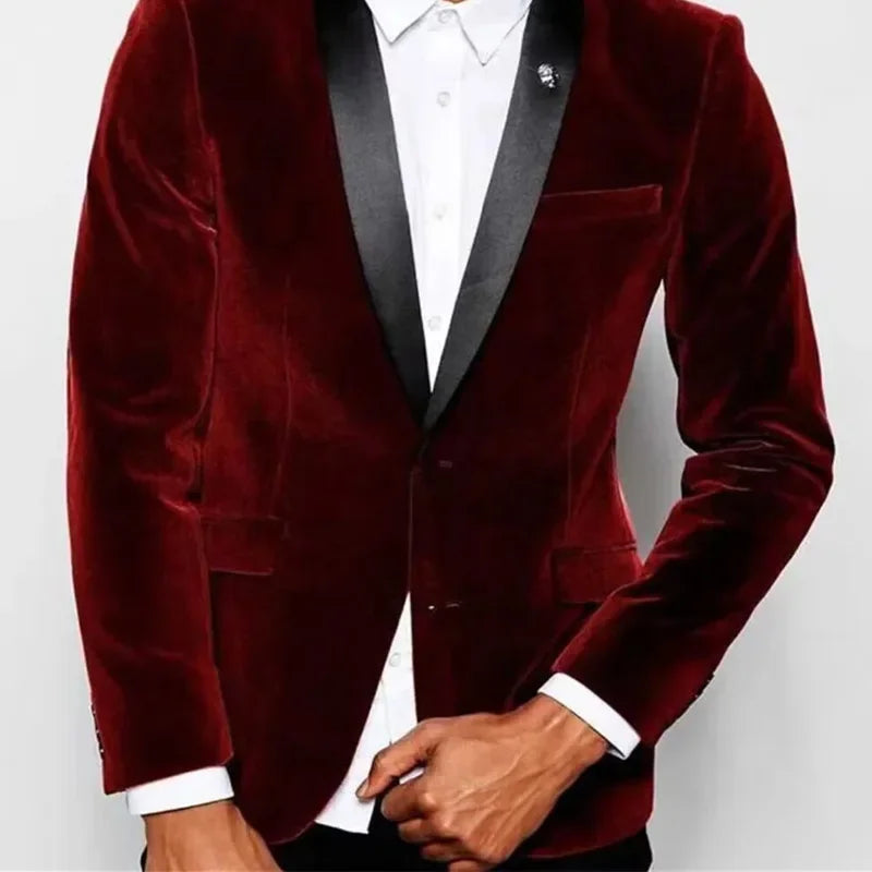 Burgundy Velvet Blazer for Men – Slim Fit Tuxedo Style Dinner Jacket with Black Satin Lapel