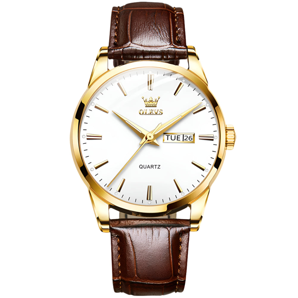 Men's Luxury Gold Watch With Leather Strap And Day/Date Display