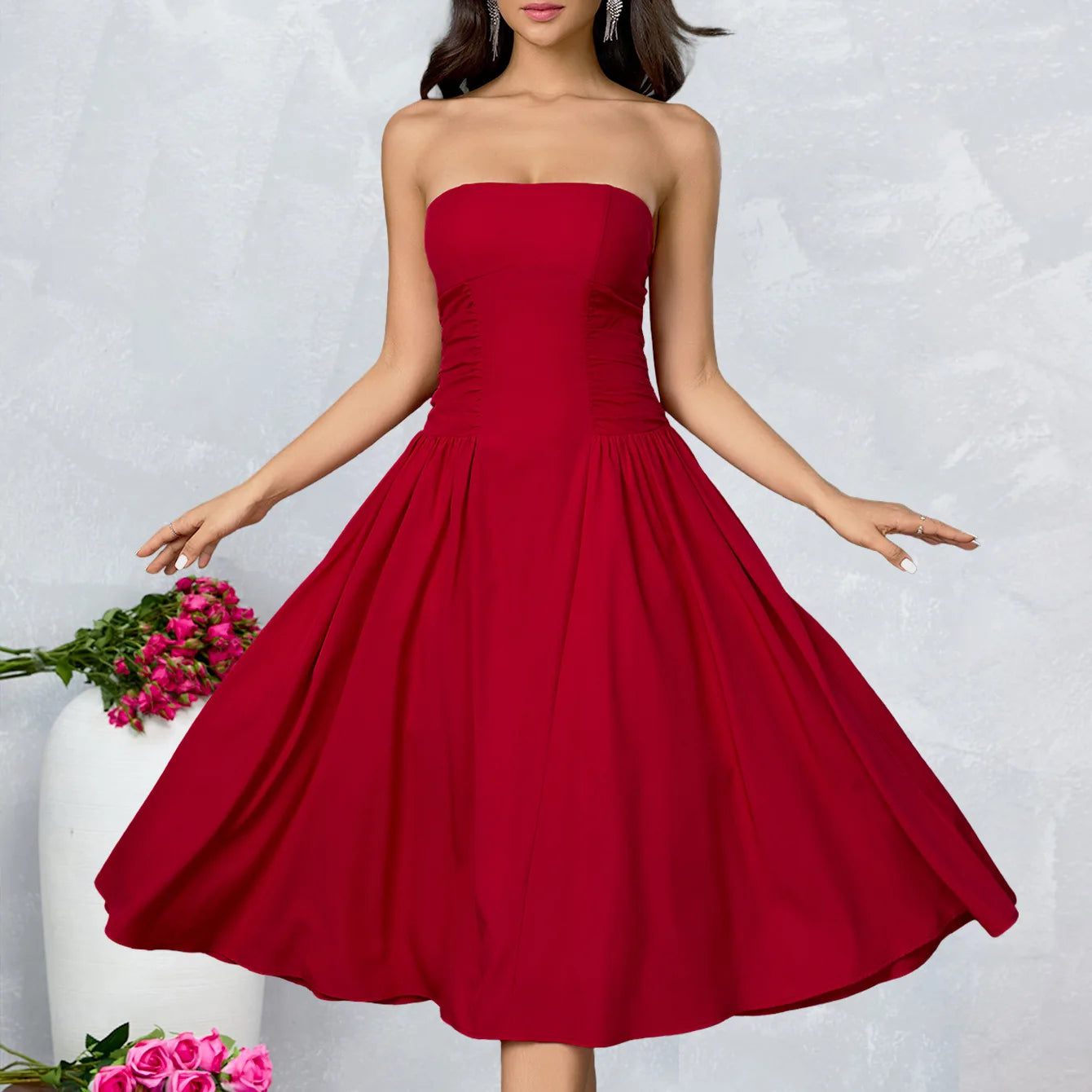 Selaris Strapless Fit and Flare Midi Dress – Strapless Evening Midi Occasion Dress for Women