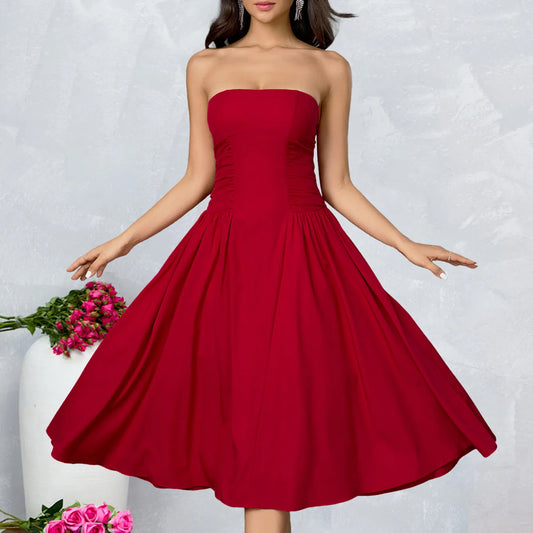 Selaris Strapless Fit and Flare Midi Dress – Strapless Evening Midi Occasion Dress for Women