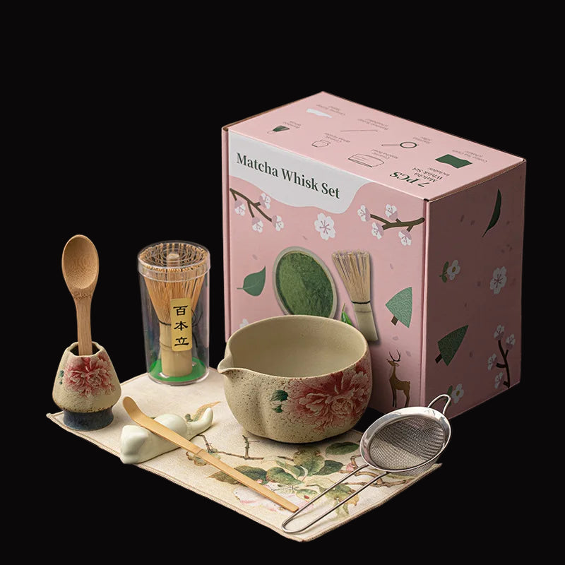 Bamboo Grove Ceramic Tea & Coffee Gift Set – 2, 4, & 8 - Piece Complete Home Tea Kit with Panda & Flower Design Bowl, Whisk and Scoop
