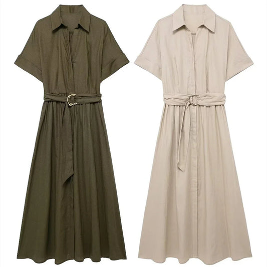 Lunira Belted Shirt Midi Dress – Short Sleeve Summer Shirt Dress in Khaki Green and Soft Beige
