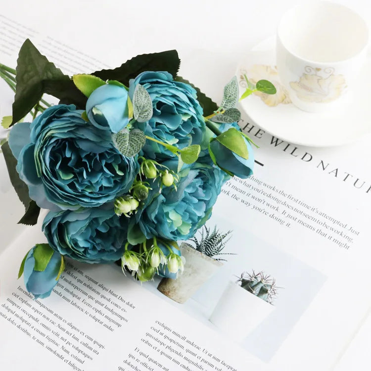 Peonelle Silk Peony Flower Bundle – 5 Head Faux Peony Stem with Buds Decorative Floral Arrangement